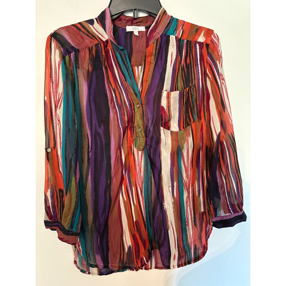 Halo Blouse Womens Small Multi Color Excellent Roll Tab Sleeve Abstract Stripe